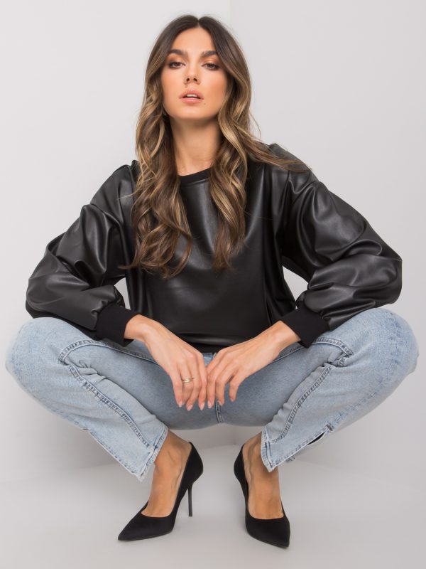 Wholesale Black sweatshirt with eco-leather insert Ancora RUE PARIS