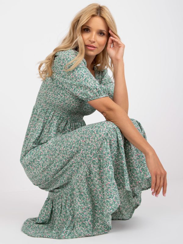 Wholesale Green floral midi dress with short sleeves RUE PARIS