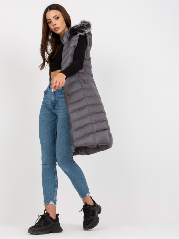 Wholesale Dark grey quilted down vest with hood RUE PARIS