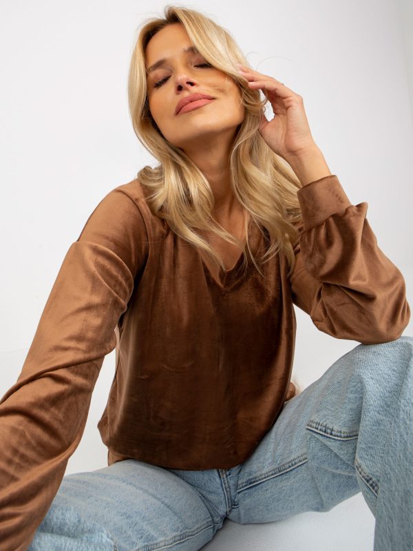 Wholesale Brown Plain V-Neck Velour Blouse RUE PARIS