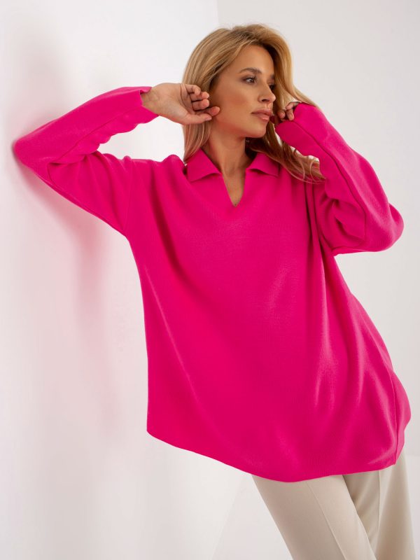 Wholesale Fluo pink long oversize sweater with collar RUE PARIS