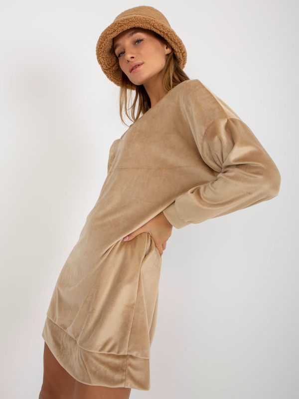 Wholesale Beige V-Neck Loose Velour Dress RUE PARIS