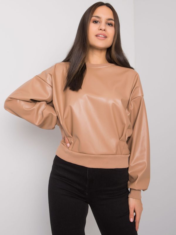 Wholesale Camel sweatshirt with eco-leather insert Ancora RUE PARIS