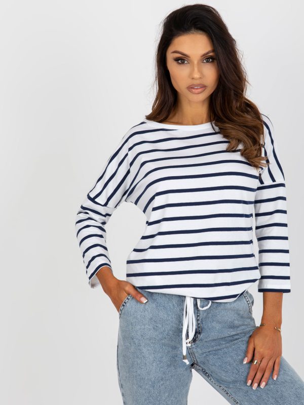 Wholesale White and navy blue striped blouse with 3/4 sleeves BASIC FEEL GOOD