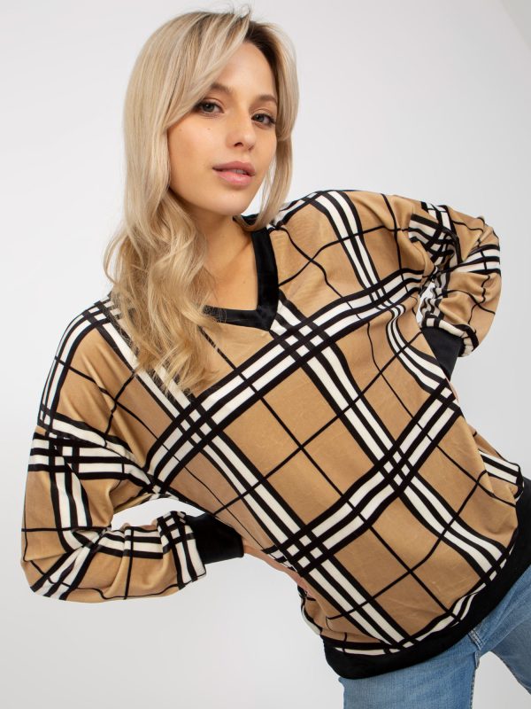 Wholesale Camel-black velour plaid blouse RUE PARIS