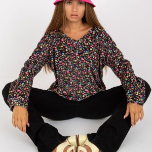 Wholesale Black velour floral blouse with V-neck RUE PARIS