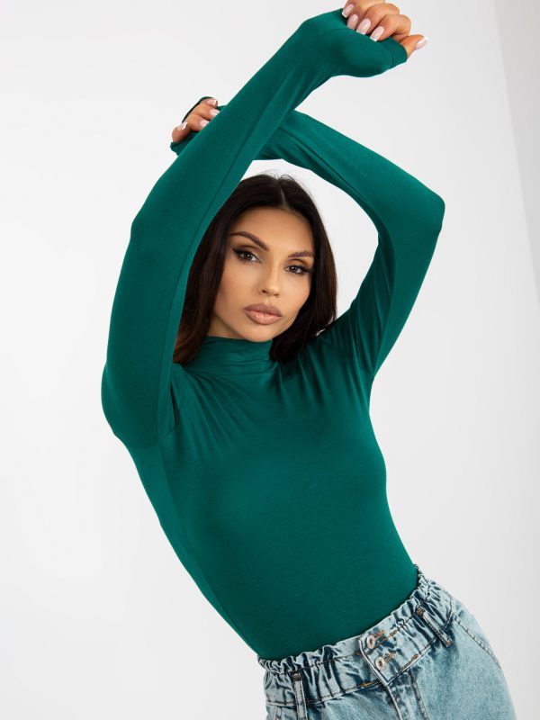 Wholesale Dark green fitted basic turtleneck blouse Cassie RUE PARIS